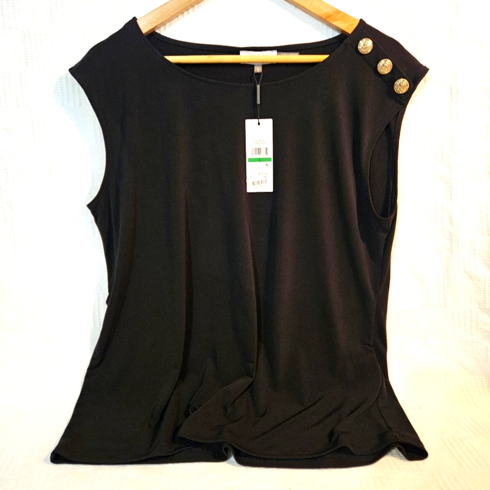 Calvin Klein Dressy Black Tank Three Gold Buttons On Shoulder Size Large Nwt